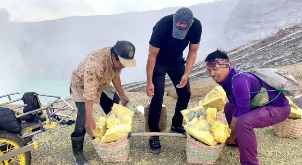 Sulfur miners and their baskets at Kawah Ijen