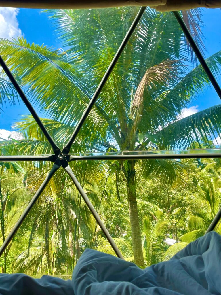 The same dome tent at Lintang Luku in full morning sun, palm trees visible through the clear ceiling